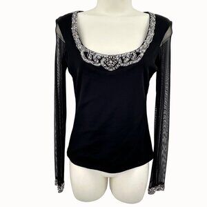 INC INTERNATIONAL CONCEPTS BLACK LONG SHEER SLEEVE RHINESTONE SEQUIN DETAIL TOP
